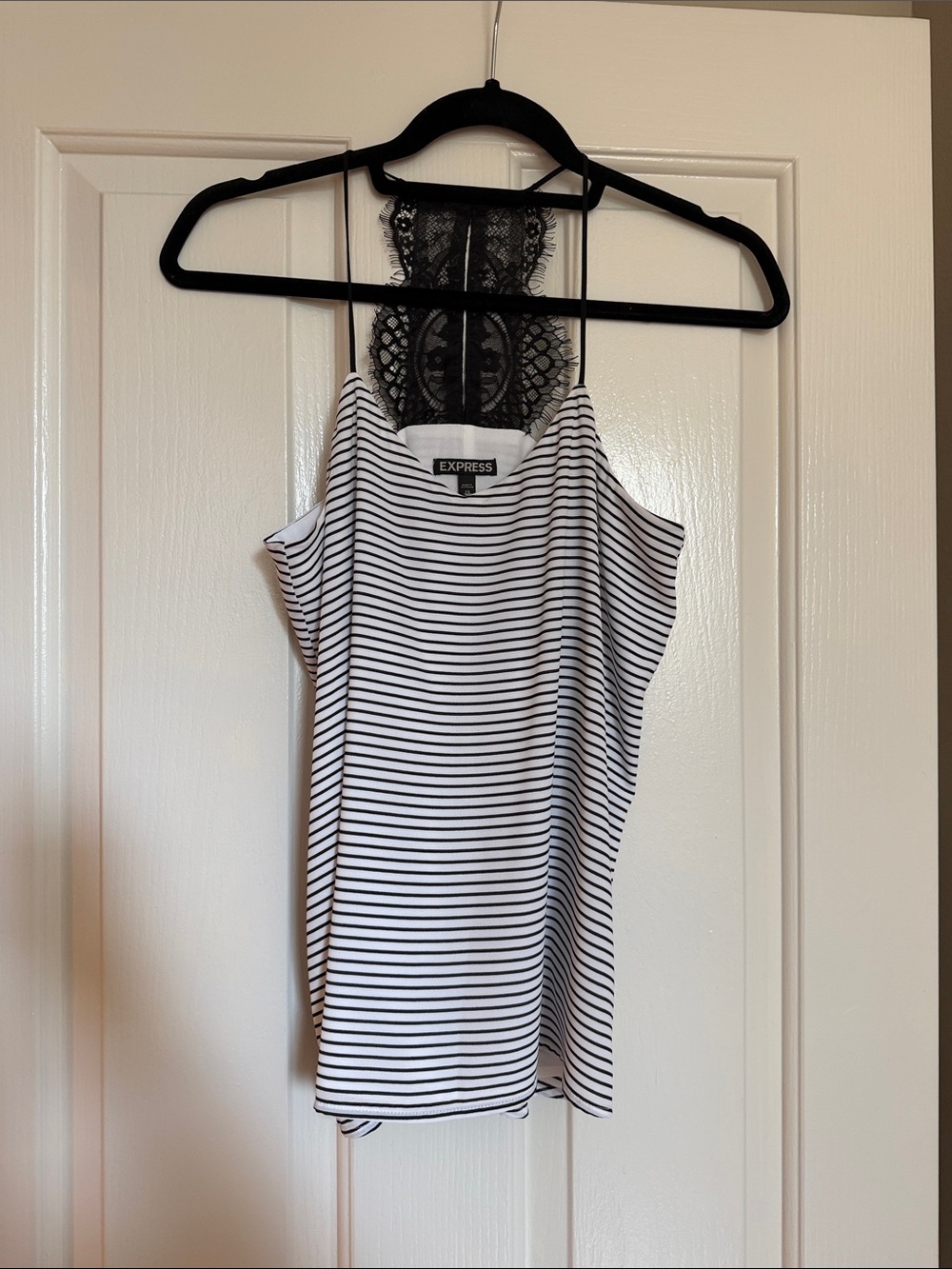Express Black & White Striped Lace-Back Cami